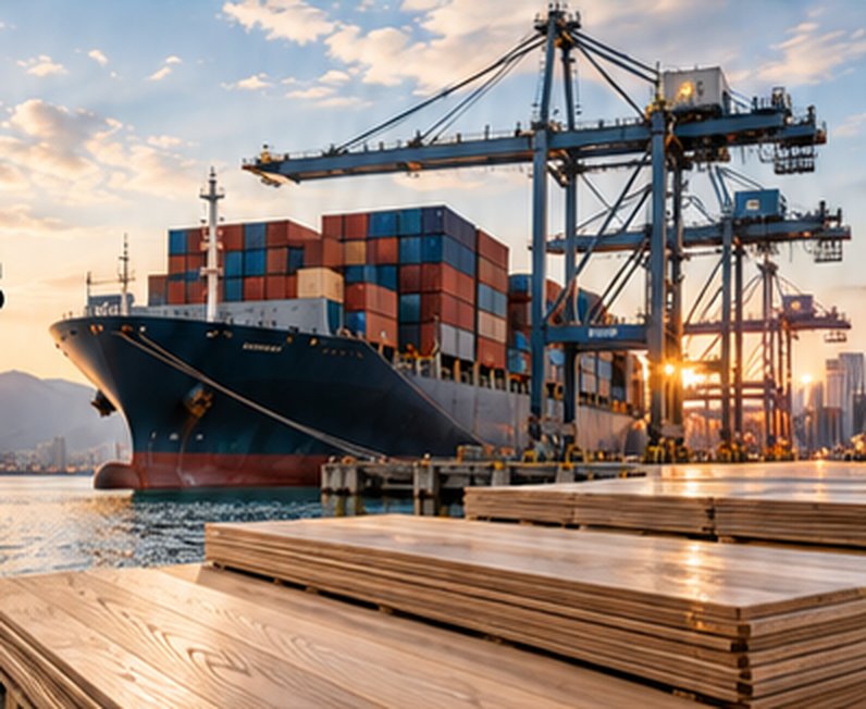 Container ship with flooring cargo at port