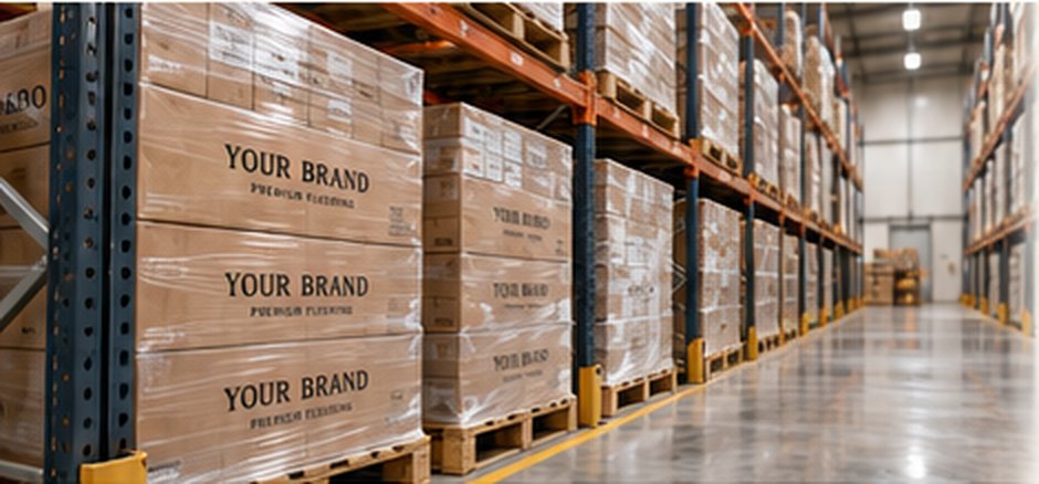 Branded flooring cartons on warehouse racks